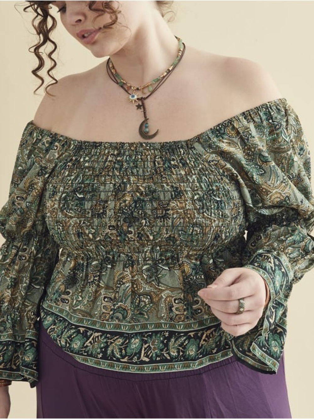 Earthbound Trading Co Green Paisley Smock Milkmaid OffShoulder Boho Peasant Top